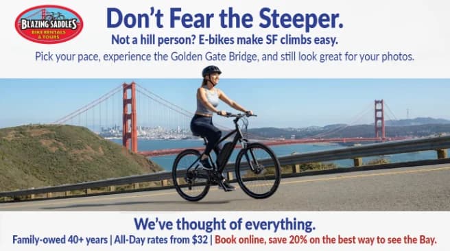Blazing Saddles e-bike ad creative for the Golden Gate Bridge ride
