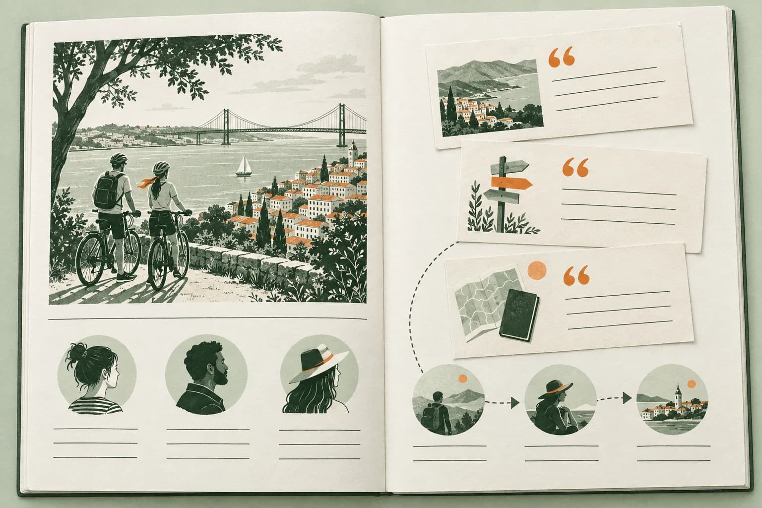 Illustrative research spread pairing a cycling scene with audience portraits, question cards, and a decision path; no client findings are displayed