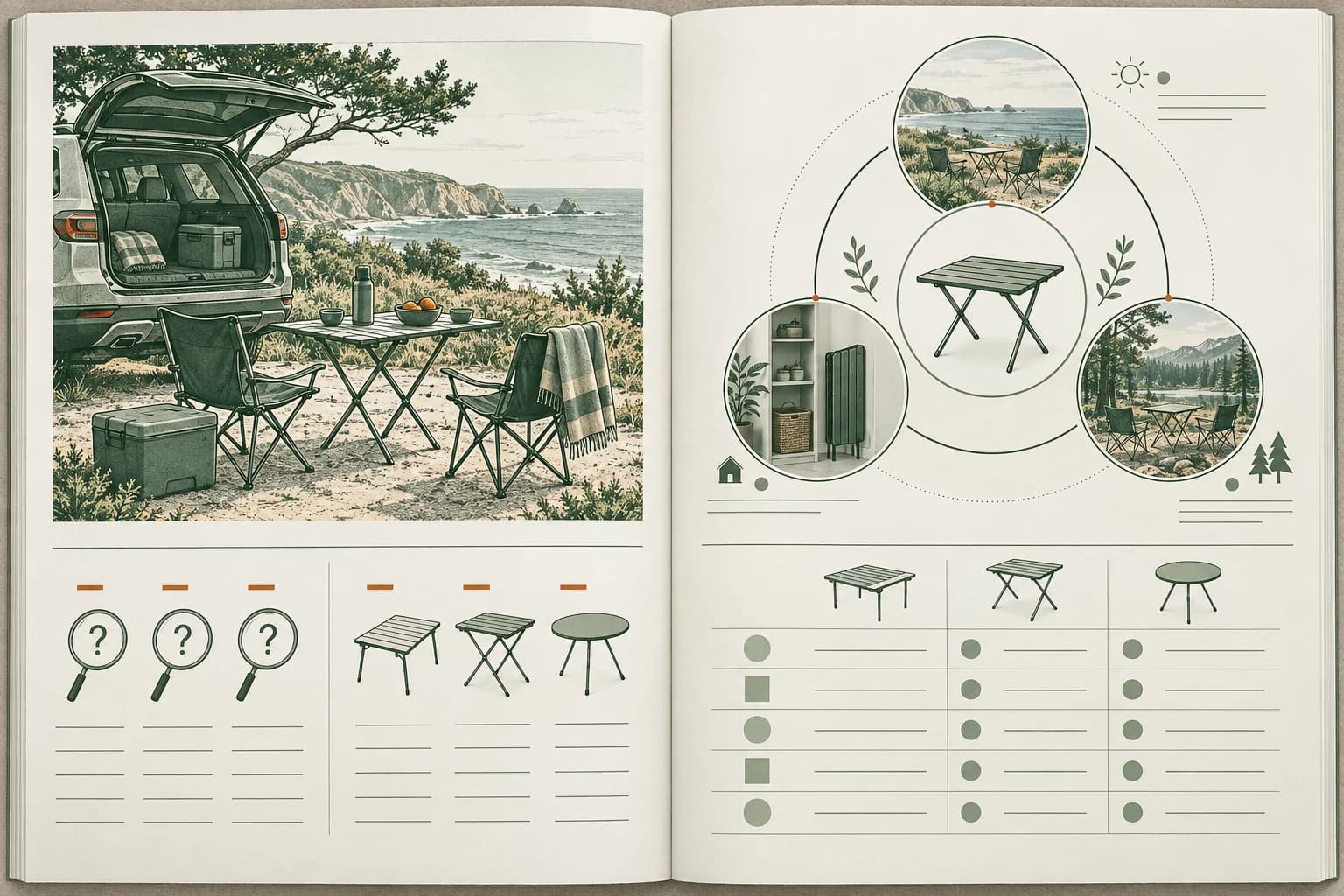 Illustrative outdoor-product research spread with a picnic scene, search-question symbols, and a generic comparison matrix, not an exact product rendering or client findings