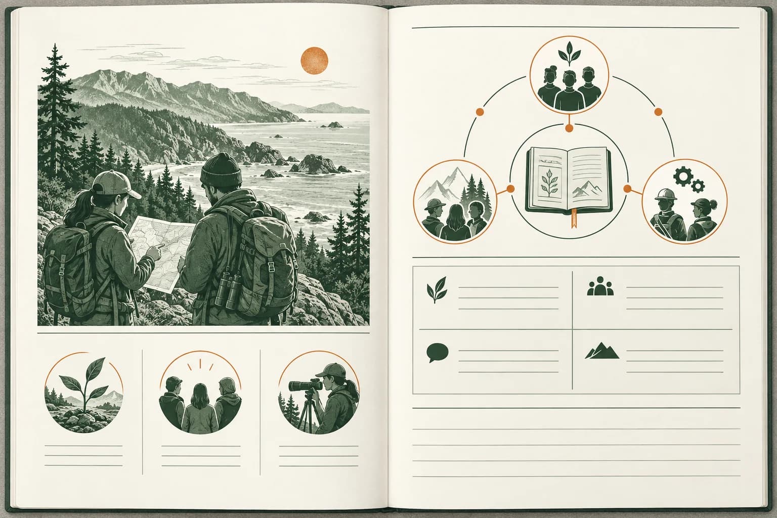 Illustrative research spread with field scientists, connected stakeholder groups, and a blank qualitative matrix; no client findings are displayed