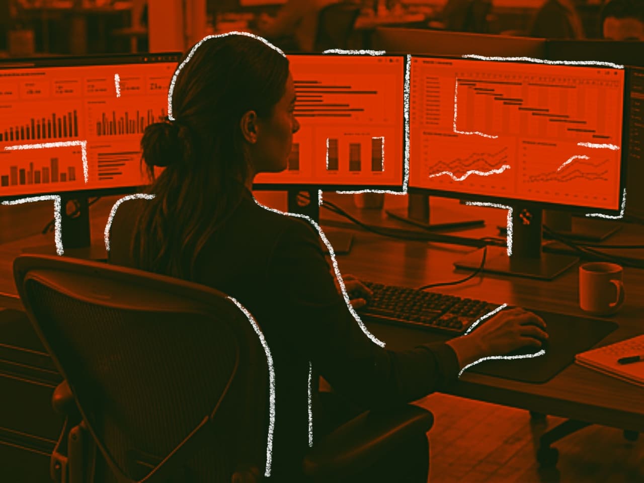 Orange-toned visual of a person reviewing performance dashboards across multiple monitors