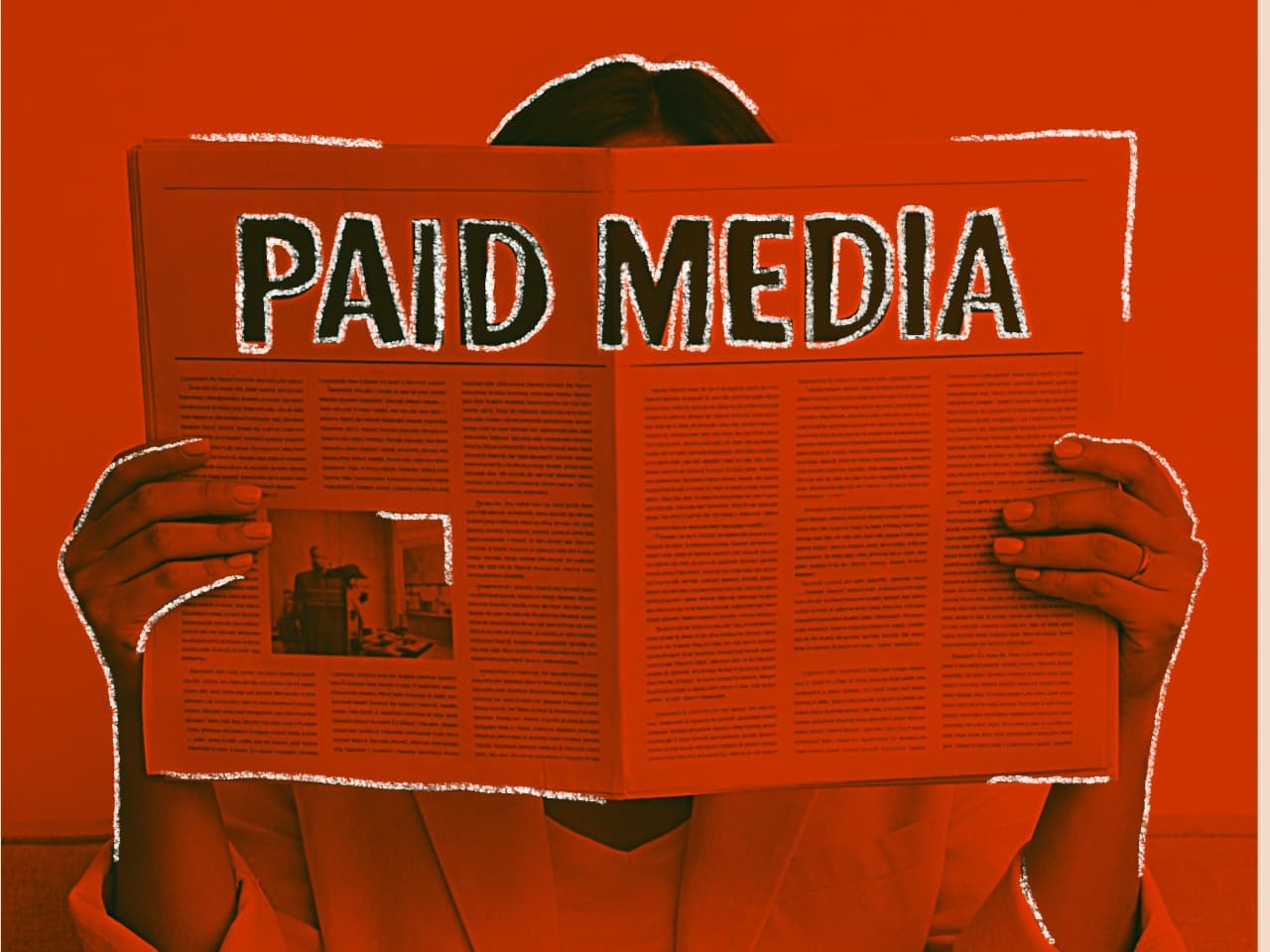 Orange-toned visual of a person holding a newspaper labeled paid media
